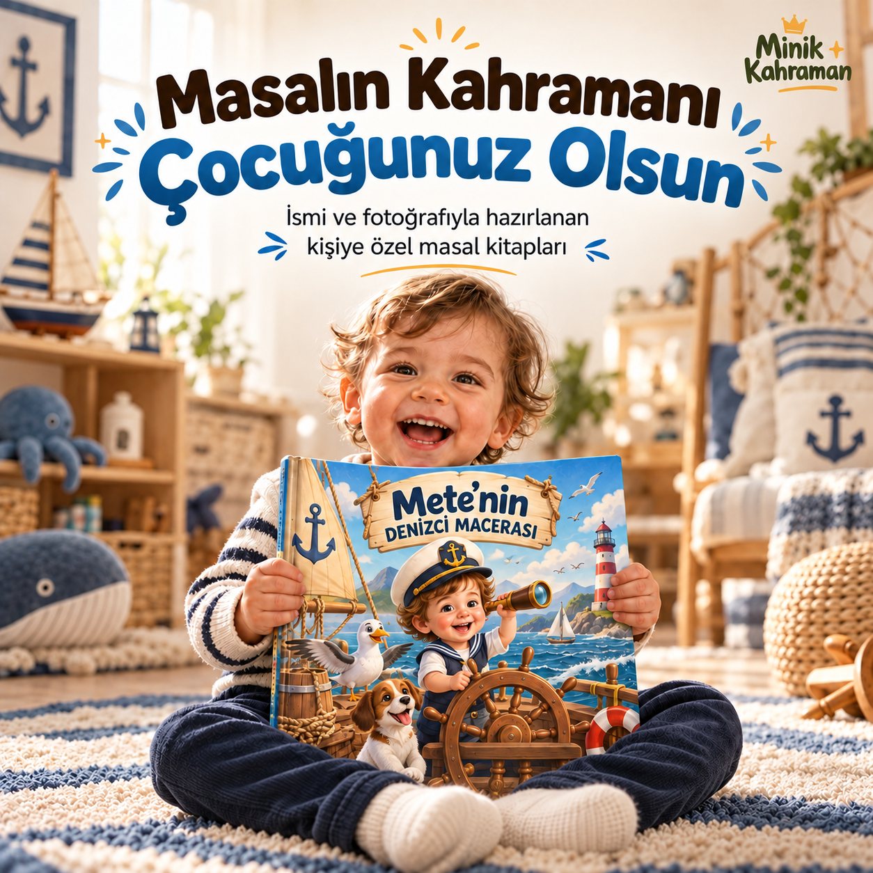 Denizci temalı kişiye özel masal kitabını tutan gülümseyen çocuk