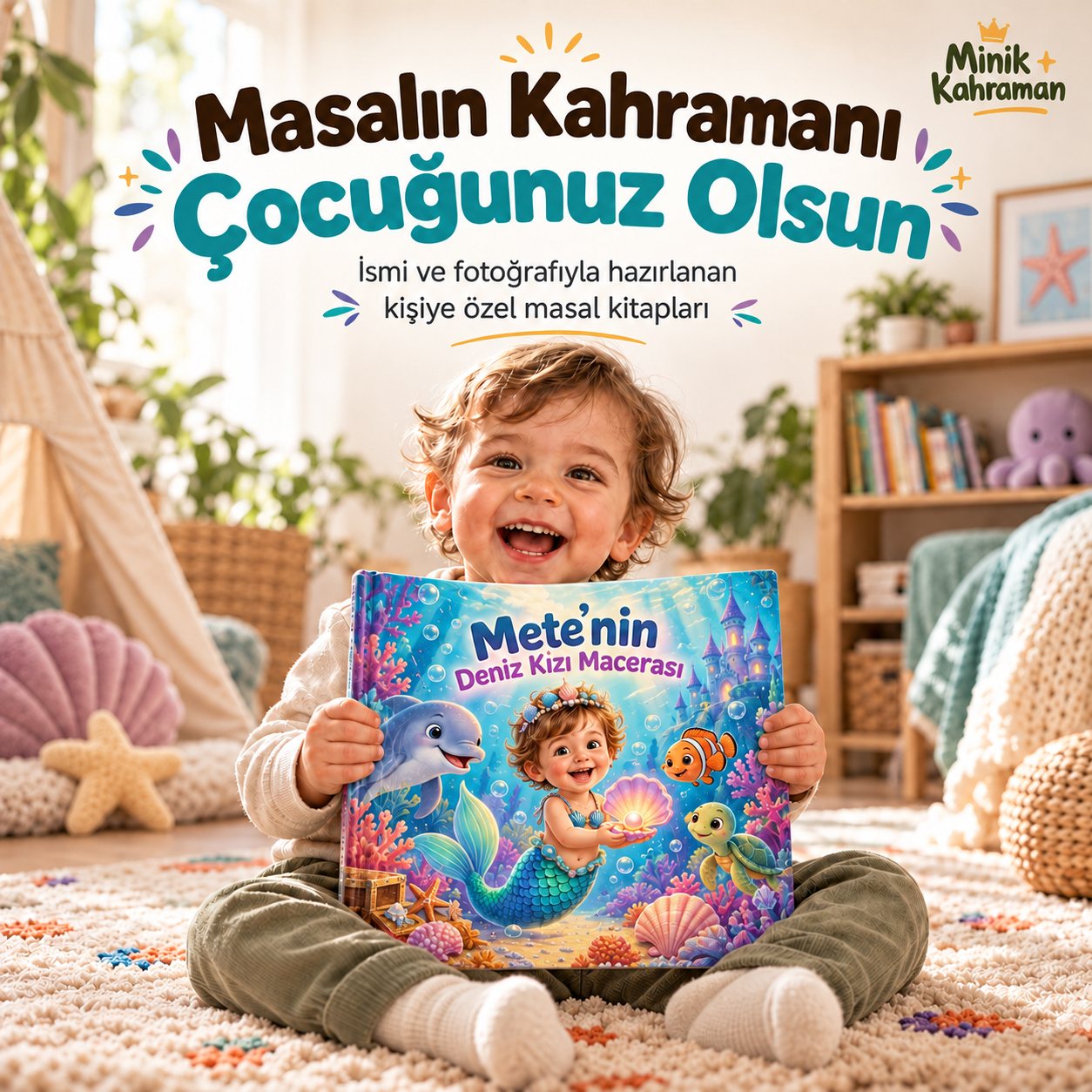 Deniz Kızı temalı kişiye özel masal kitabını tutan gülümseyen çocuk