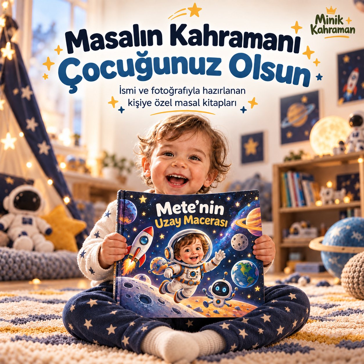 Uzay temalı kişiye özel masal kitabını tutan gülümseyen çocuk