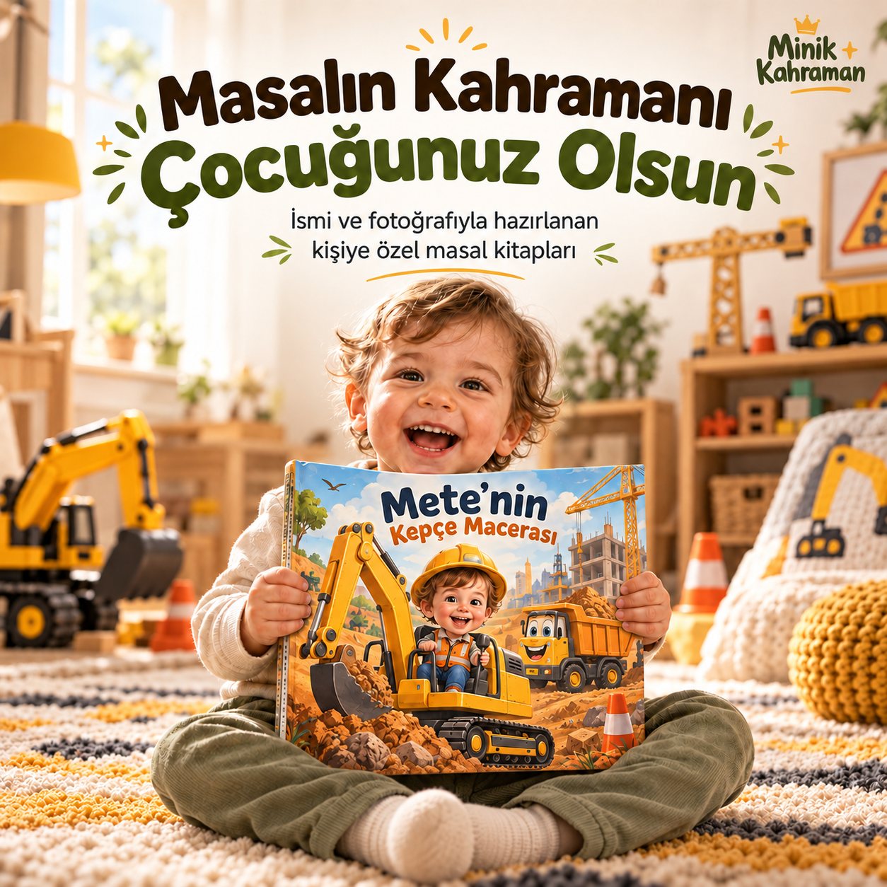 Kepçe temalı kişiye özel masal kitabını tutan gülümseyen çocuk