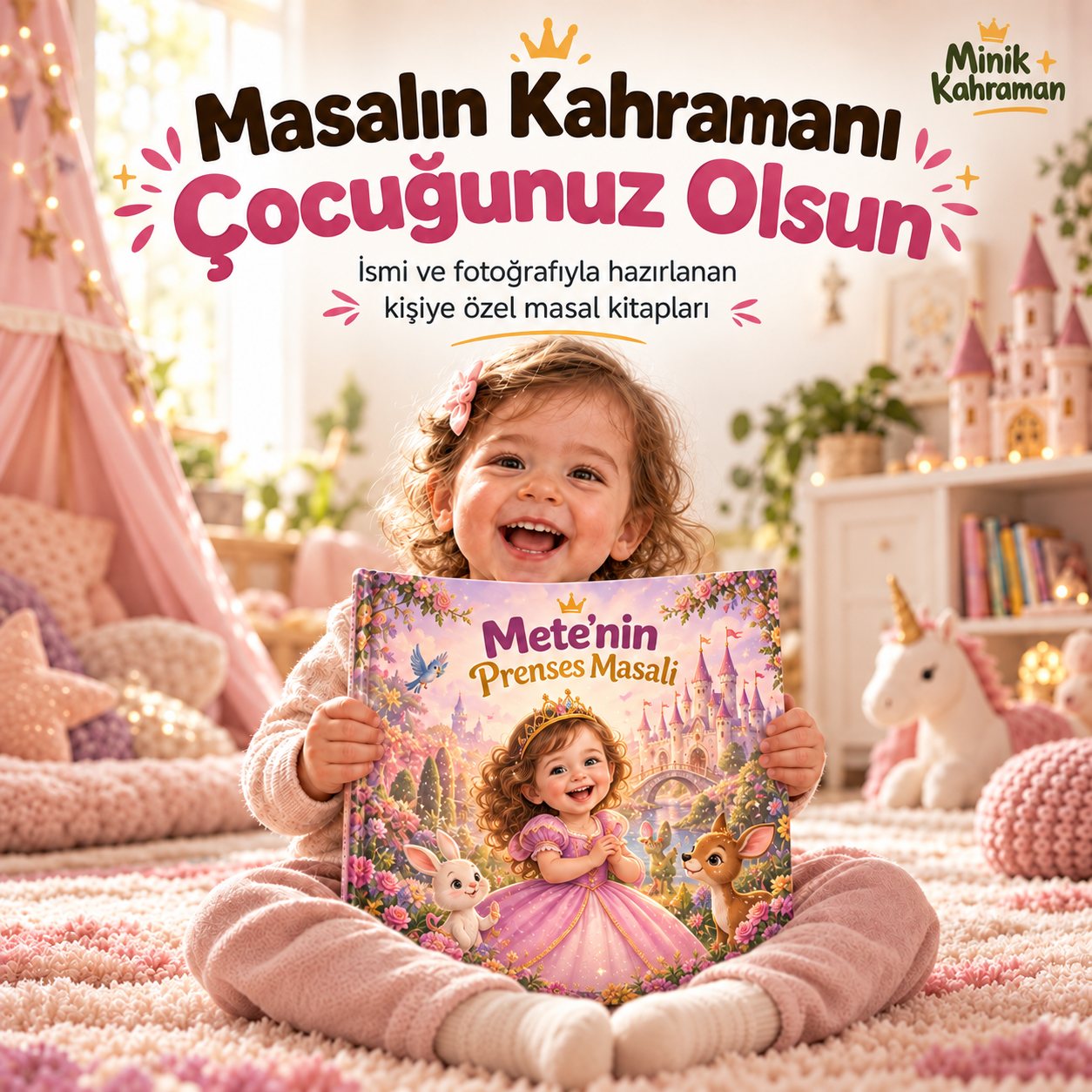Prenses temalı kişiye özel masal kitabını tutan gülümseyen çocuk