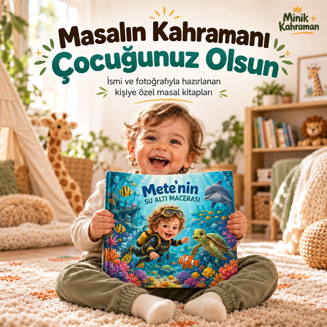 Su Altı temalı kişiye özel masal kitabını tutan gülümseyen çocuk