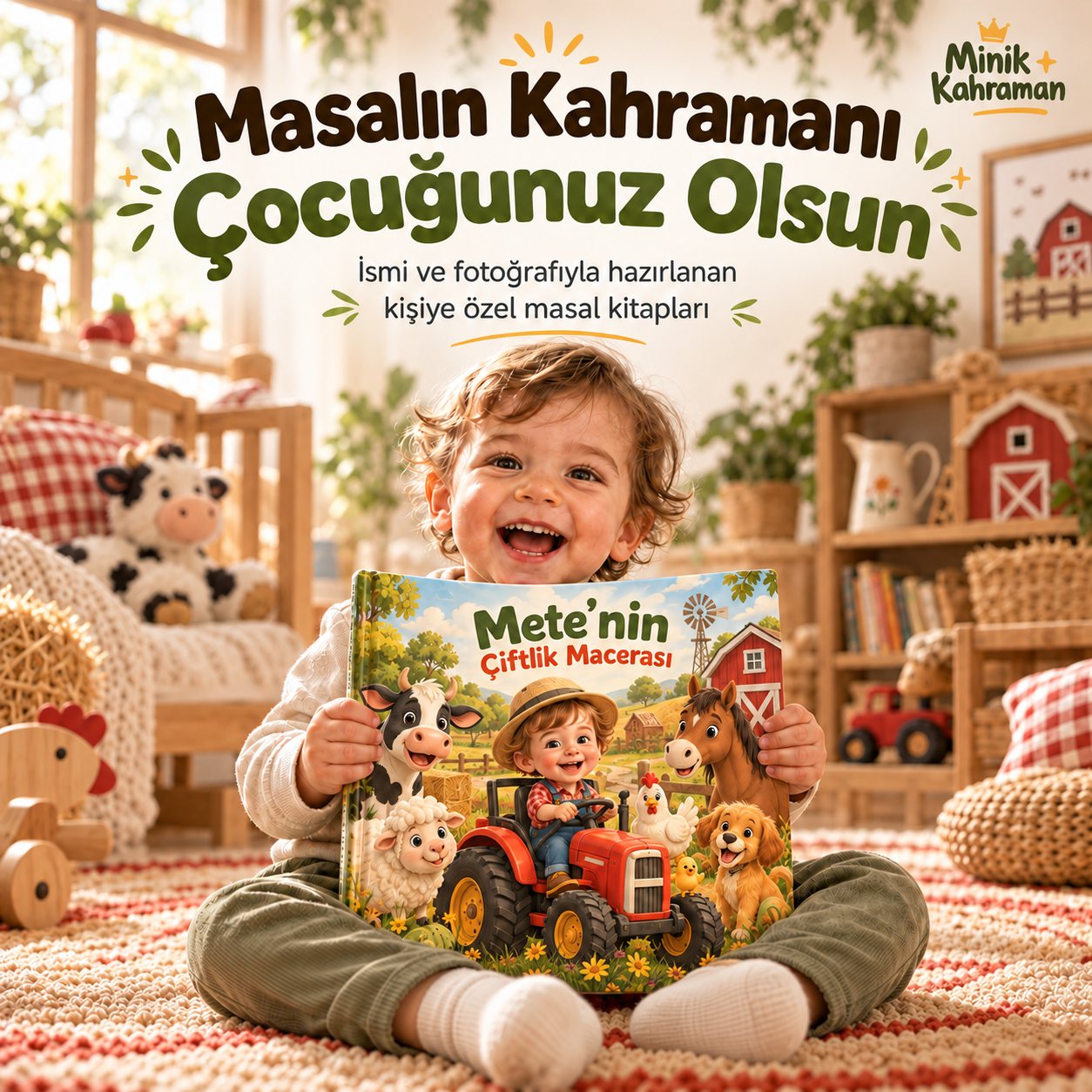 Çiftlik temalı kişiye özel masal kitabını tutan gülümseyen çocuk