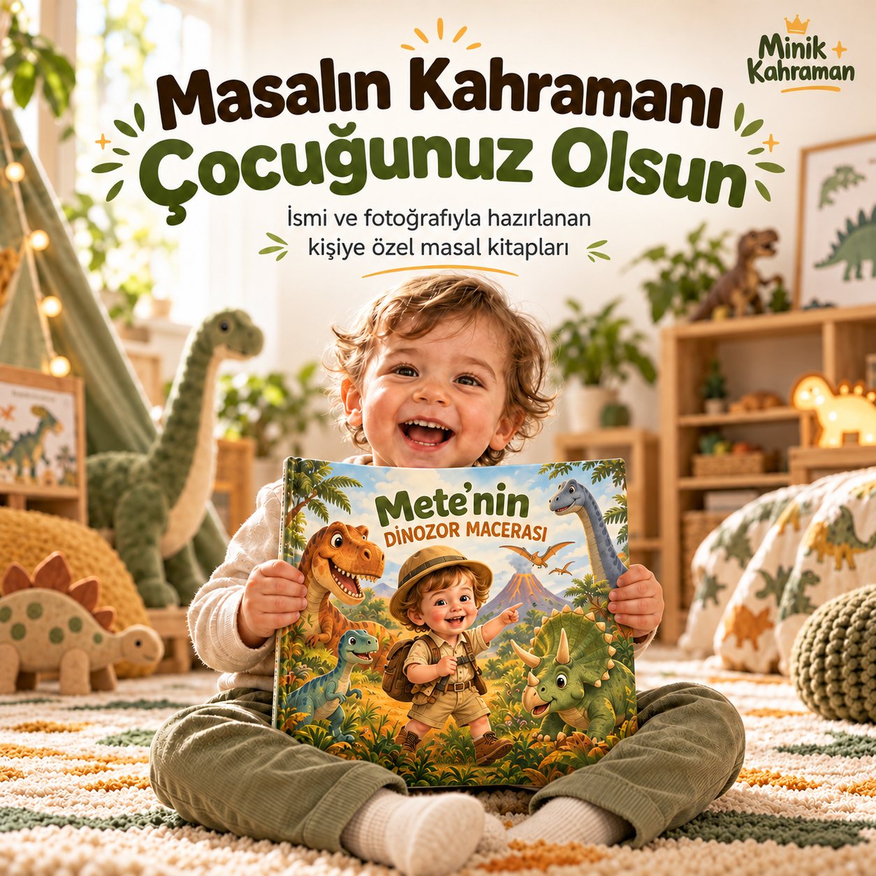 Dinozor temalı kişiye özel masal kitabını tutan gülümseyen çocuk