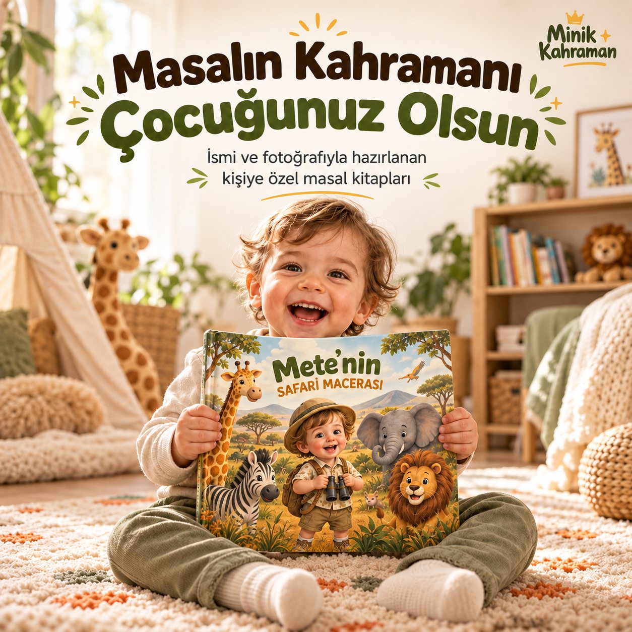 Safari temalı kişiye özel masal kitabını tutan gülümseyen çocuk