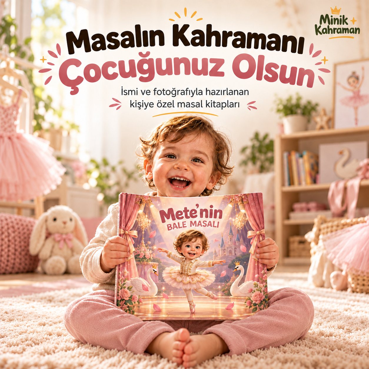Bale temalı kişiye özel masal kitabını tutan gülümseyen çocuk